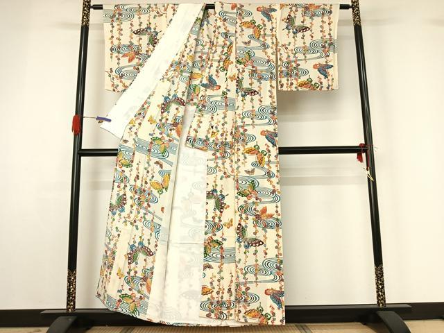 平和屋着物▽上質な小紋 単衣 流水花蝶文 鬼しぼ縮緬 正絹 逸品 AABG4273jh