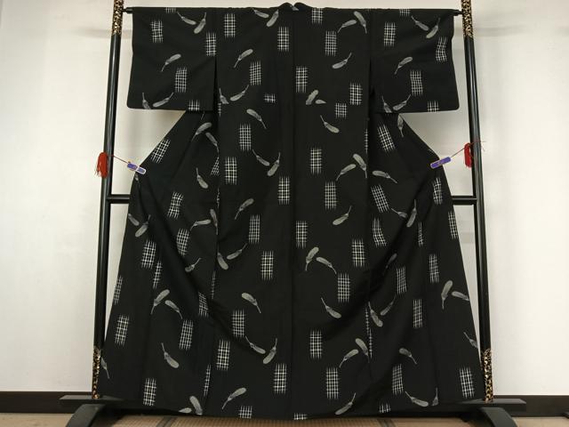 平和屋着物▽上質な紬 単衣 成り物 黒地 正絹 逸品 AABG4274jh