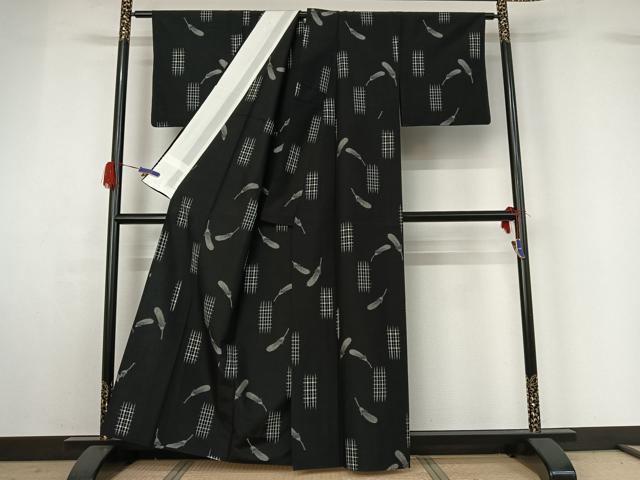 平和屋着物▽上質な紬 単衣 成り物 黒地 正絹 逸品 AABG4274jh