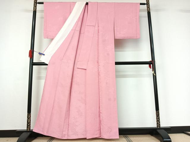 平和屋着物▽上質な色無地 単衣 吉祥花地紋 鴇色 正絹 逸品 AABG4277jh