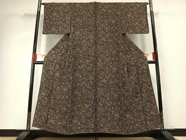 平和屋着物●上質な小紋 型染め 草花文 黒地 正絹 逸品 AABG4307fy