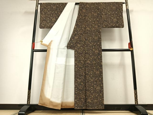 平和屋着物●上質な小紋 型染め 草花文 黒地 正絹 逸品 AABG4307fy