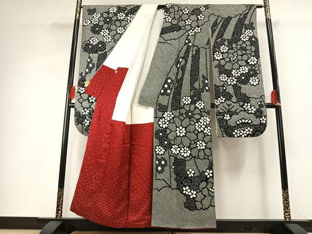 平和屋着物●豪華振袖 総絞り 草花文 黒地 正絹 逸品 AABG4320fy