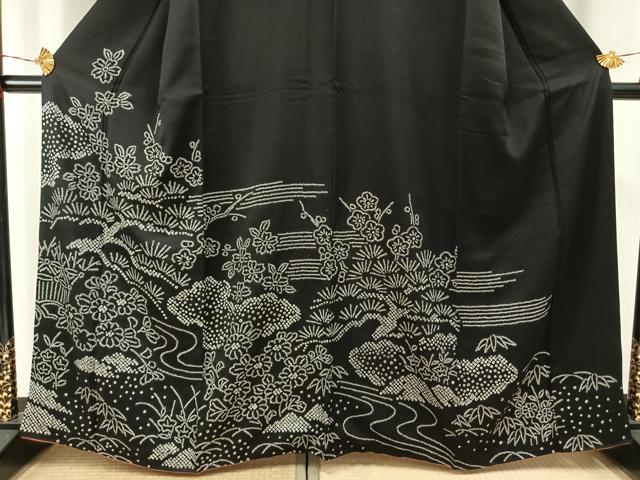 平和屋着物●訪問着 総絞り 流水花文 黒地 正絹 逸品 未使用 AABG4349fy