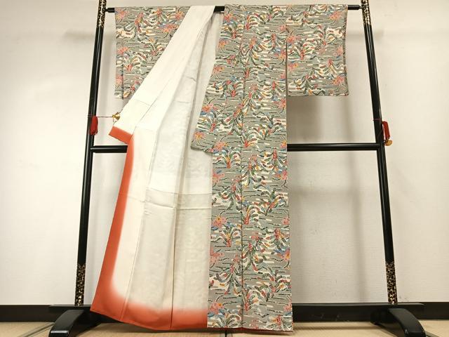平和屋着物●上質な小紋 紅型 草葉文 鬼しぼ縮緬 正絹 逸品 AABG4357fy