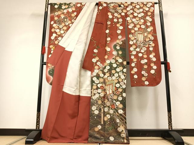 平和屋着物●英王室献上友禅作家 木下勝功 振袖 駒刺繍 御所車花文 暈し染め 金糸 金彩 正絹 逸品 未使用 AABG4358fy