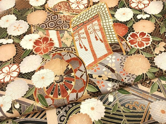 平和屋着物●英王室献上友禅作家 木下勝功 振袖 駒刺繍 御所車花文 暈し染め 金糸 金彩 正絹 逸品 未使用 AABG4358fy