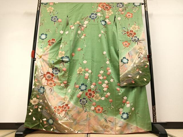 平和屋着物●豪華振袖 駒刺繍 草花文 暈し染め 金彩 正絹 逸品 AABG4363fy