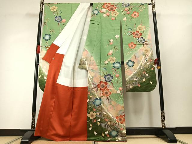 平和屋着物●豪華振袖 駒刺繍 草花文 暈し染め 金彩 正絹 逸品 AABG4363fy