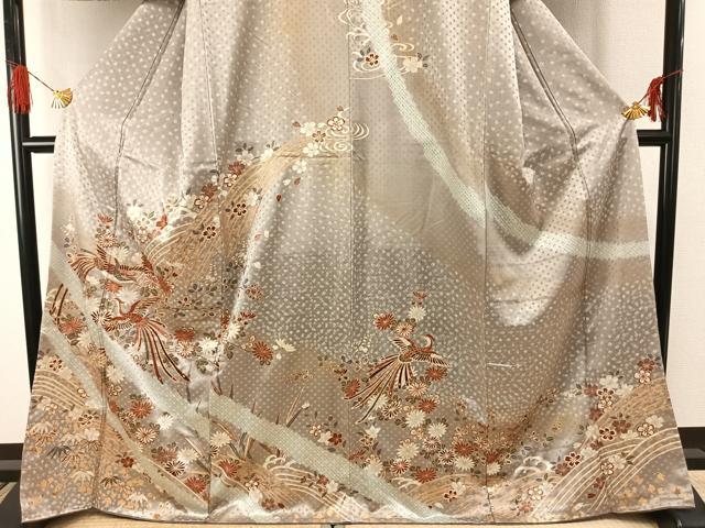 平和屋着物●訪問着 刺繍 花鳥文 暈し染め 金糸 金彩 正絹 逸品 AABG4364fy
