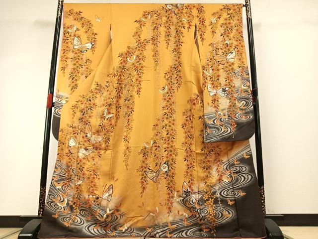 平和屋着物●豪華振袖 花蝶文 暈し染め 銀彩 金通し地 正絹 逸品 AABG4366fy