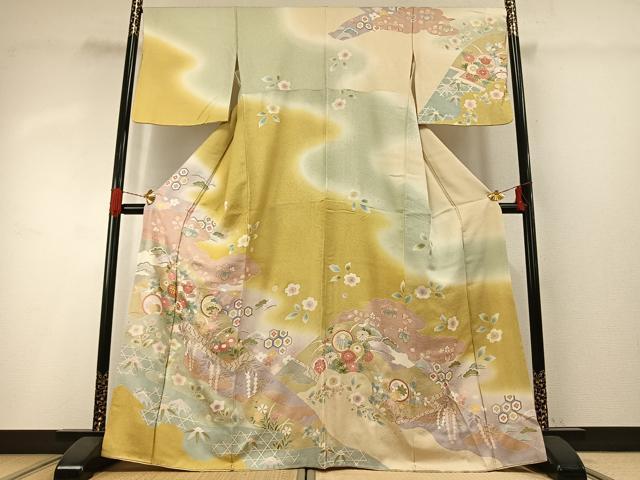 平和屋着物●訪問着 駒刺繍 道長花文 暈し染め 金彩 正絹 逸品 AABG4367fy
