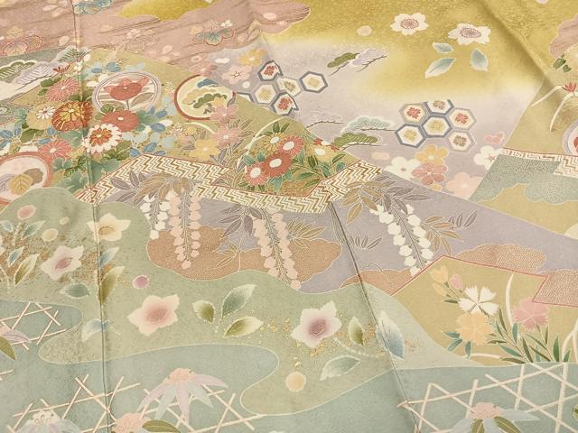 平和屋着物●訪問着 駒刺繍 道長花文 暈し染め 金彩 正絹 逸品 AABG4367fy