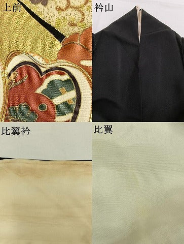 平和屋着物●豪華黒留袖 友禅 駒刺繍 熨斗花文 金彩 正絹 逸品 AABG4368fy
