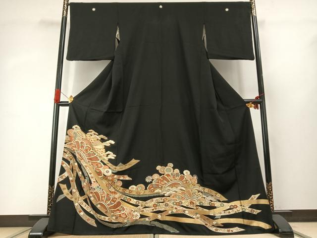 平和屋着物●豪華黒留袖 友禅 駒刺繍 熨斗花文 金彩 正絹 逸品 AABG4368fy