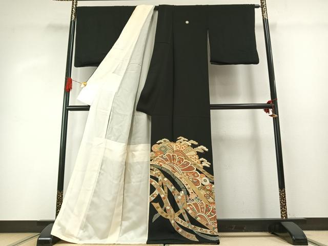 平和屋着物●豪華黒留袖 友禅 駒刺繍 熨斗花文 金彩 正絹 逸品 AABG4368fy