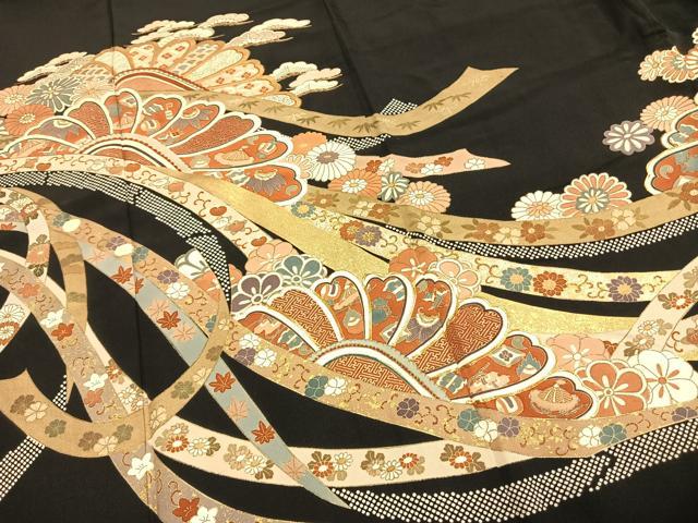 平和屋着物●豪華黒留袖 友禅 駒刺繍 熨斗花文 金彩 正絹 逸品 AABG4368fy