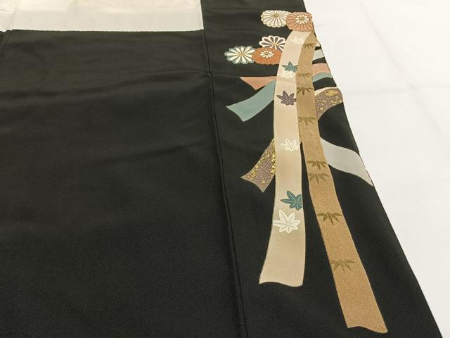 平和屋着物●豪華黒留袖 友禅 駒刺繍 熨斗花文 金彩 正絹 逸品 AABG4368fy