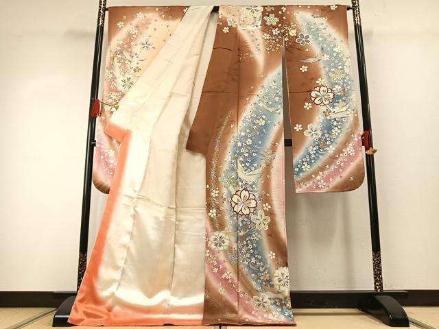 平和屋着物●豪華振袖 花蝶文 暈し染め 金銀彩 正絹 逸品 AABG4370fy