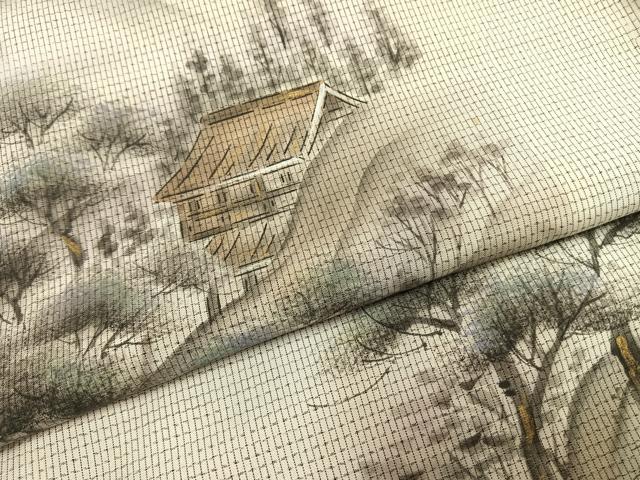 平和屋着物●訪問着 本場大島紬 白大島 作家物 手描き 風景文 金彩 正絹 逸品 AABG4382fy