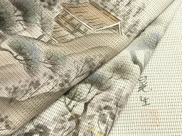 平和屋着物●訪問着 本場大島紬 白大島 作家物 手描き 風景文 金彩 正絹 逸品 AABG4382fy