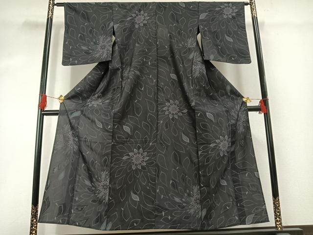 平和屋着物▽上質な小紋 単衣 吉祥花文 黒地 やまと誂製 正絹 逸品 AABG4385fy