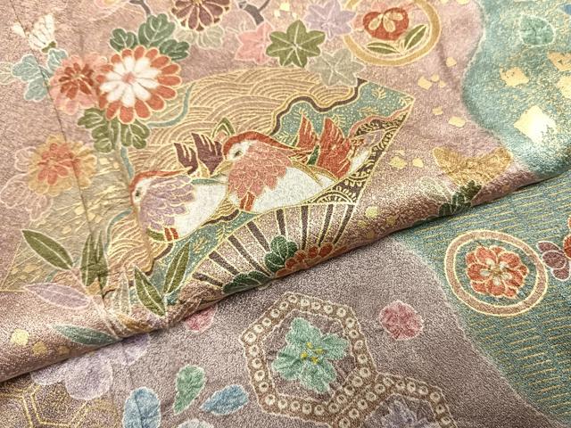 平和屋着物●訪問着 絞り 道長扇面花鳥文 金彩 正絹 逸品 AABG4393fy