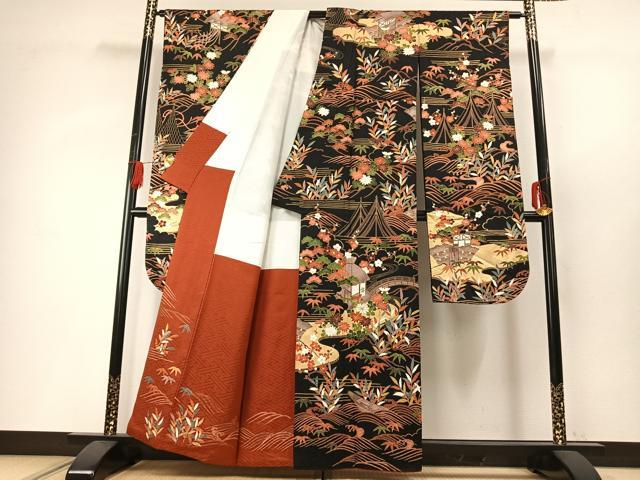 平和屋着物●豪華振袖 駒刺繍 風景花文 黒地 金彩 正絹 逸品 AABG4414fy