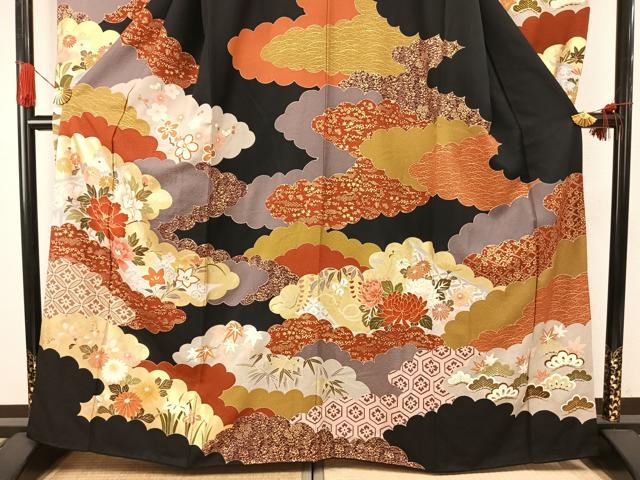 平和屋着物●豪華振袖 駒刺繍 雲取り花文 黒地 金銀彩 正絹 逸品 AABG4422fy
