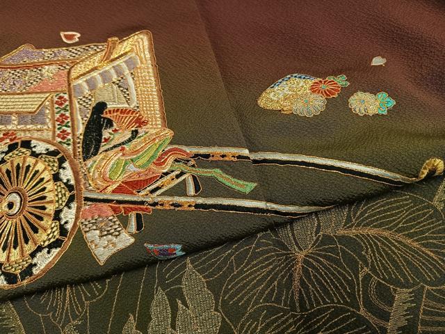 平和屋着物●豪華振袖 駒刺繍 総刺繍 御所車人物花文 暈し染め 金銀糸 正絹 逸品 AABG4432fy