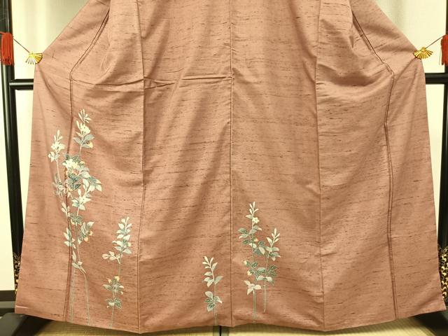 平和屋着物●訪問着 紬地 友禅 草花文 正絹 逸品 AABG4465fy