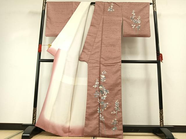 平和屋着物●訪問着 紬地 友禅 草花文 正絹 逸品 AABG4465fy