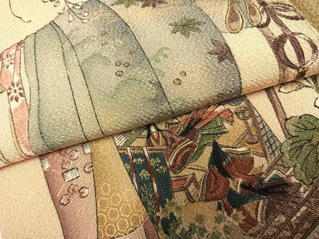 平和屋着物●訪問着 手描き 誰が袖人物文 暈し染め 金彩 鬼しぼ縮緬 正絹 逸品 AABG4476fy