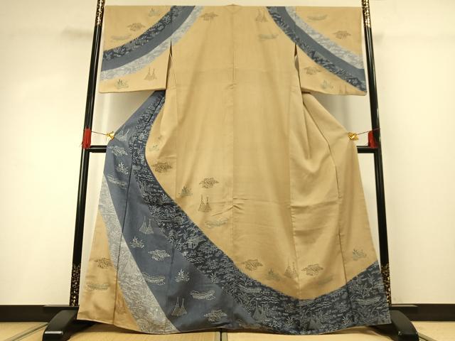 平和屋着物●訪問着 紬地 型染め 風景花文 正絹 逸品 AABG4481fy
