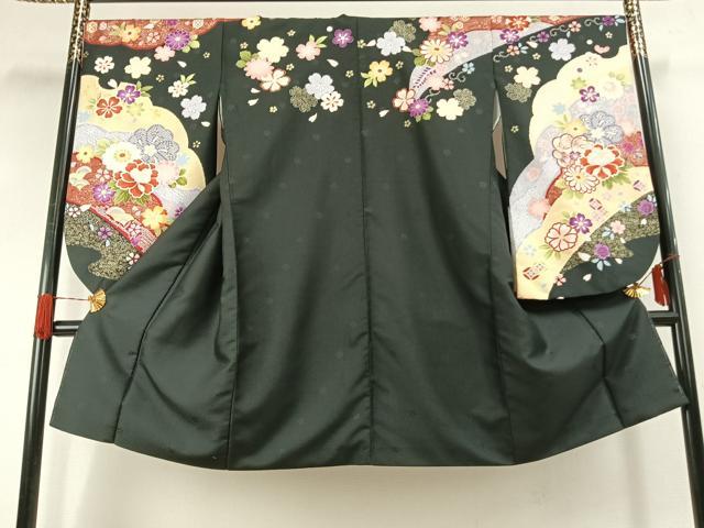 平和屋着物●小振袖 二尺袖 草花文 黒地 金彩 AABG4496fy