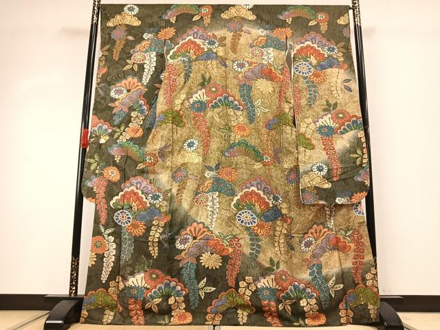 平和屋着物●豪華振袖 ふくれ織 松 草花文 暈し染め 金彩 正絹 逸品 AABG4498fy