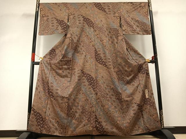 平和屋着物●染色作家 斉藤三才 小紋 切嵌花鳥文 金彩 正絹 逸品 AABG4511fy
