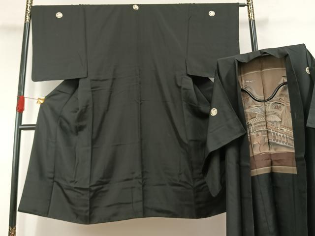 平和屋着物●男性 黒紋付 羽織セット 正絹 逸品 AABG4524fy