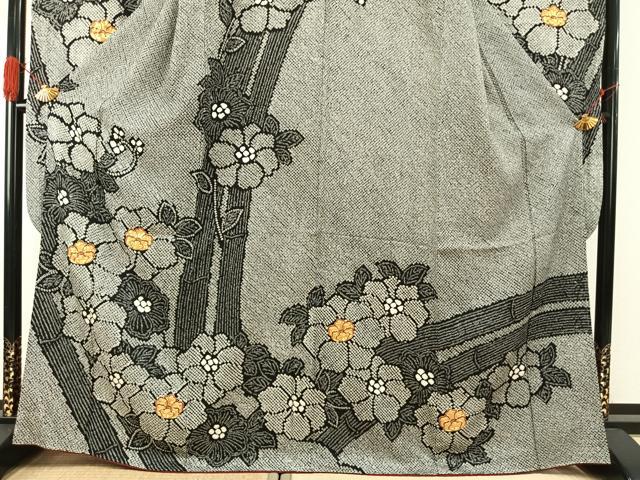 平和屋着物●豪華振袖 駒刺繍 総刺繍 絞り 草花文 黒地 正絹 逸品 AABG4547fy