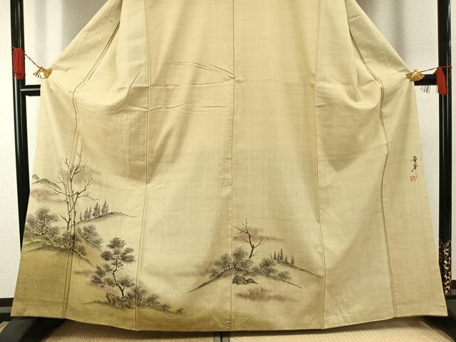 平和屋着物●訪問着 紬地 作家物 手描き 風景樹林文 正絹 逸品 AABG4550fy