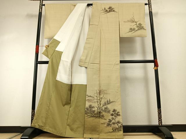 平和屋着物●訪問着 紬地 作家物 手描き 風景樹林文 正絹 逸品 AABG4550fy
