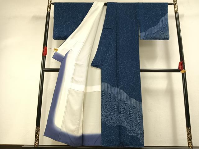 平和屋着物●本藍 訪問着 霞取り文 鬼しぼ縮緬 健勝苑扱い 正絹 逸品 未使用 AABG4566fy