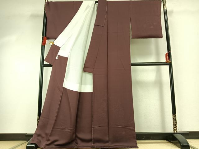平和屋着物●無地絵羽訪問着 草花樹林地紋 紫鳶色 ロング丈 正絹 逸品 未使用 AABG4594fy
