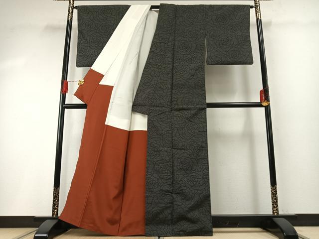 平和屋着物●上質な紬 130亀甲 薔薇 黒地 正絹 逸品 AABG4602fy