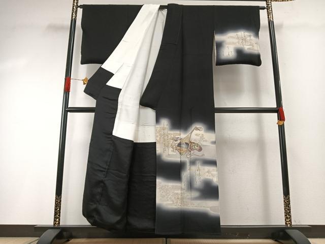 平和屋着物●訪問着 楽器花文 暈し染め 黒地 金銀彩 正絹 逸品 AABG4608fy