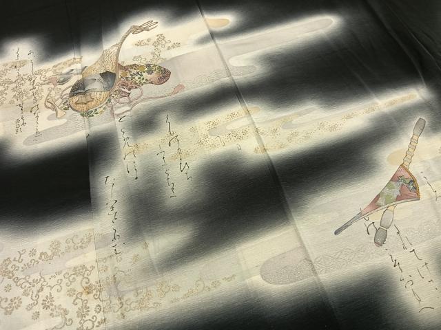 平和屋着物●訪問着 楽器花文 暈し染め 黒地 金銀彩 正絹 逸品 AABG4608fy