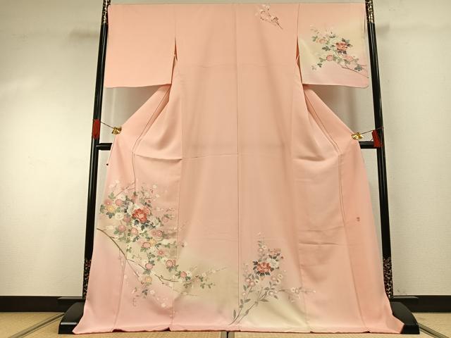 平和屋着物●訪問着 友禅 作家物 枝花文 暈し染め ロング丈 正絹 逸品 AABG4626fy