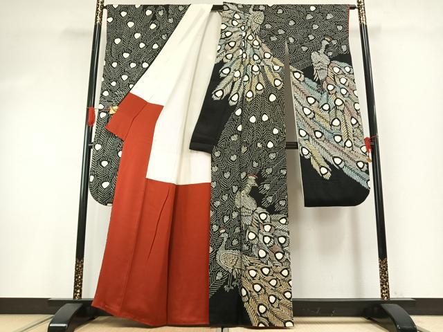 平和屋着物●豪華振袖・長襦袢(無双仕立て)セット 絞り 孔雀 黒地 金銀彩 正絹 逸品 AABG4651fy