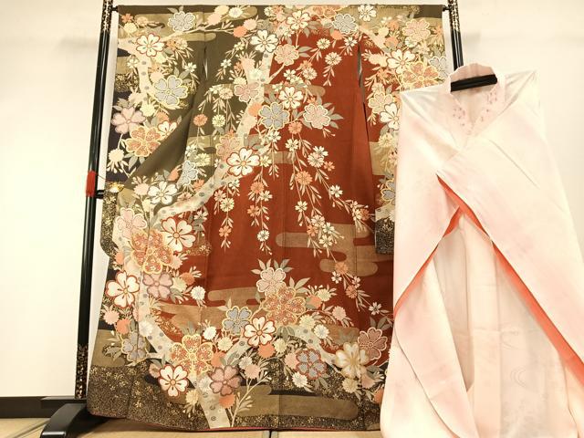 平和屋着物●豪華振袖・長襦袢(無双仕立て)セット 草花文 暈し染め 金彩 半衿刺繍 正絹 逸品 AABG4652fy