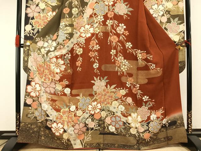 平和屋着物●豪華振袖・長襦袢(無双仕立て)セット 草花文 暈し染め 金彩 半衿刺繍 正絹 逸品 AABG4652fy